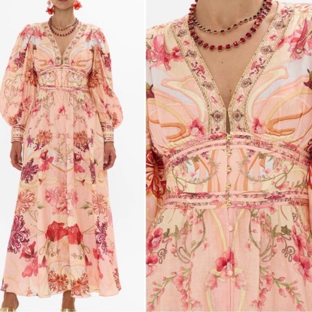 Camilla Shaped Waistband Dress W Gathered Sleeves Blossoms And Brushstrokes NWT - Picture 5 of 16